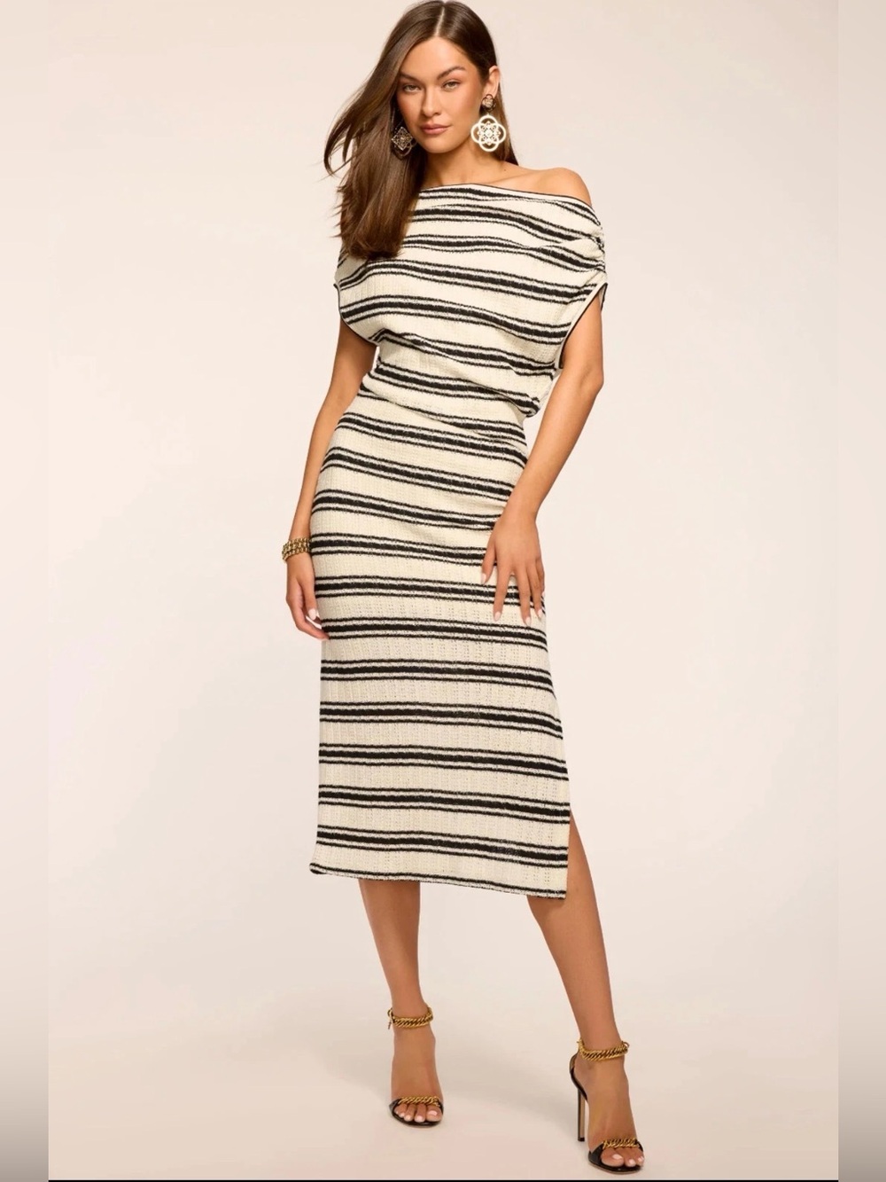 Ramy Brook Chet Dress Womens M NWT $365 Striped Textured Knit Midi Black Cream